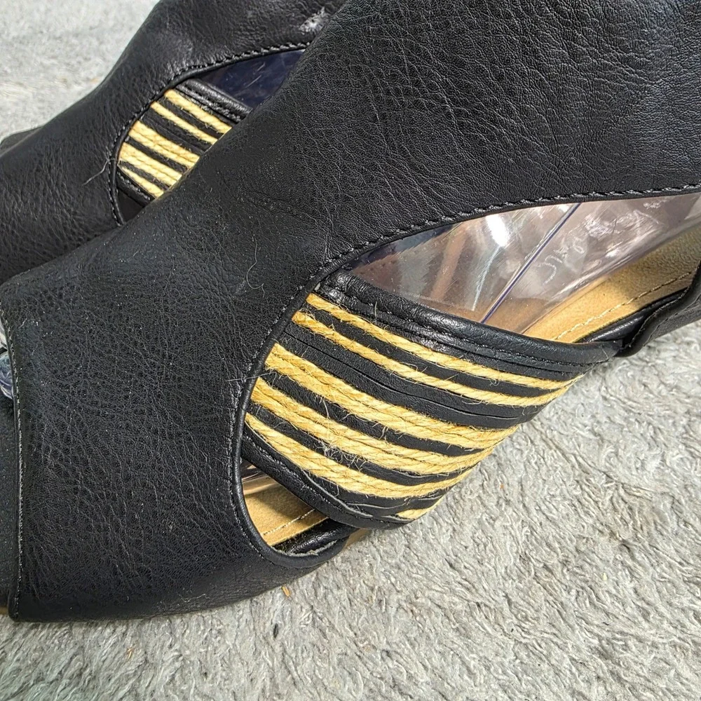 VTG‎ Gloria Vanderbilt Leather Wedge Sandals Black Jute Strappy Women Size 9
